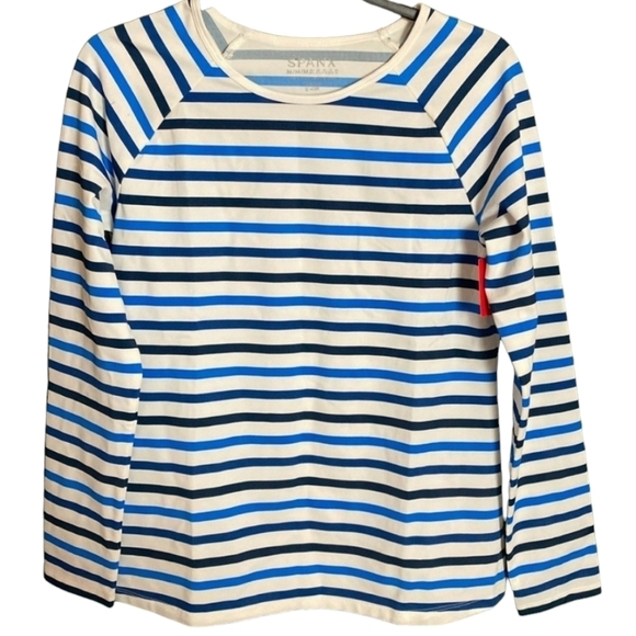 SPANX Ocean Stripe Coastal Blue Swim Shirt long sleeve - Picture 5 of 9